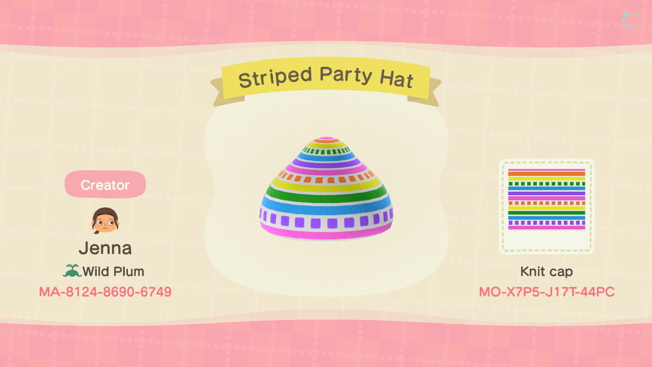 Animal Crossing Design Code: MO-X7P5-J17T-44PC Striped Party Hat