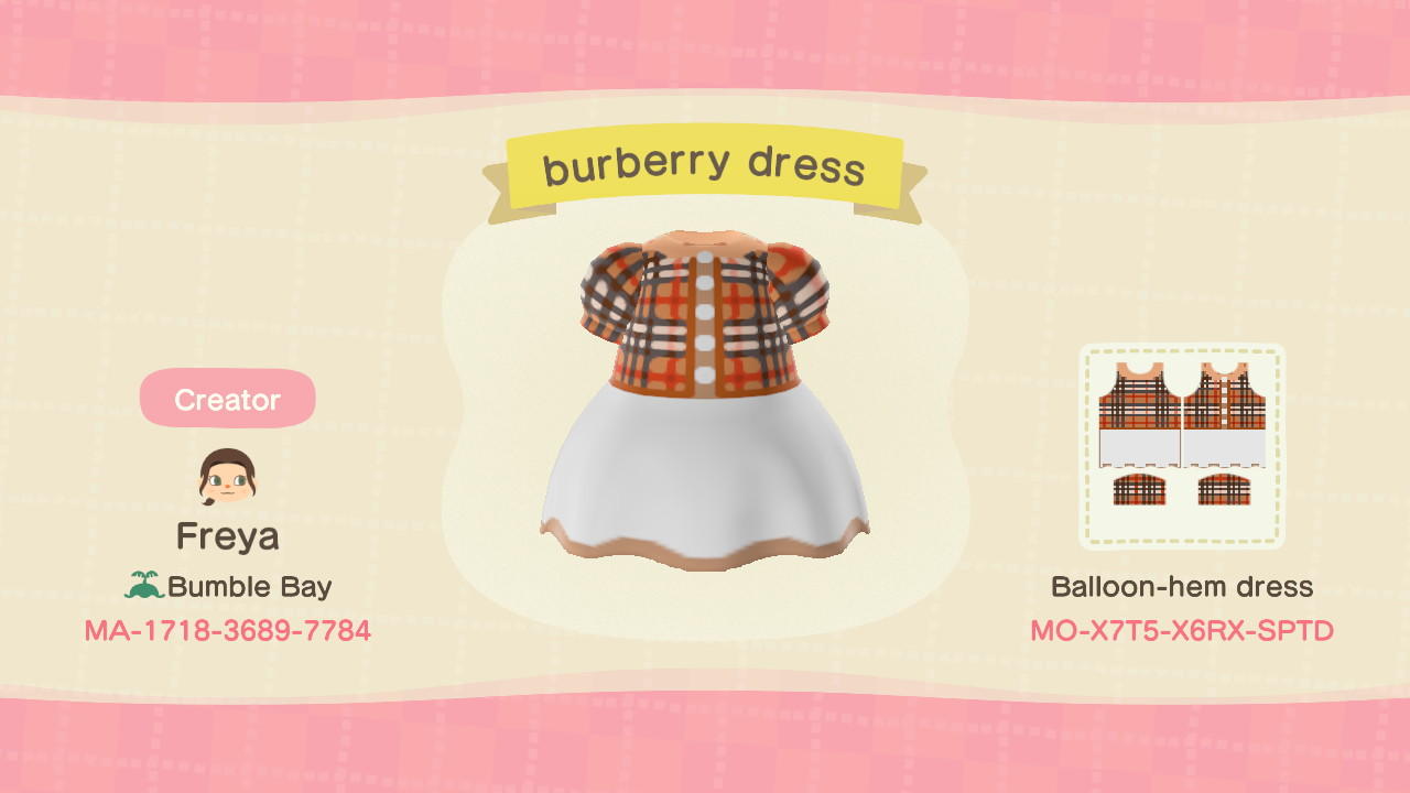 Animal Crossing Design Code: MO-X7T5-X6RX-SPTD Burberry style dress