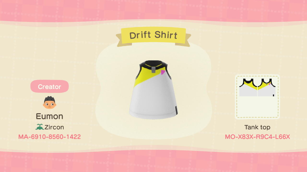 Animal Crossing Design Code: MO-X83X-R9C4-L66X Drift Shirt