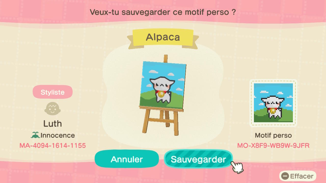 Animal Crossing Design Code: MO-X8F9-WB9W-9JFR Alpaca