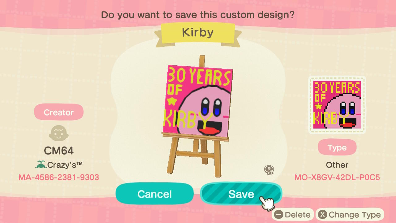 Animal Crossing Design Code: MO-X8GV-42DL-POC5 30 Years of Kirby!