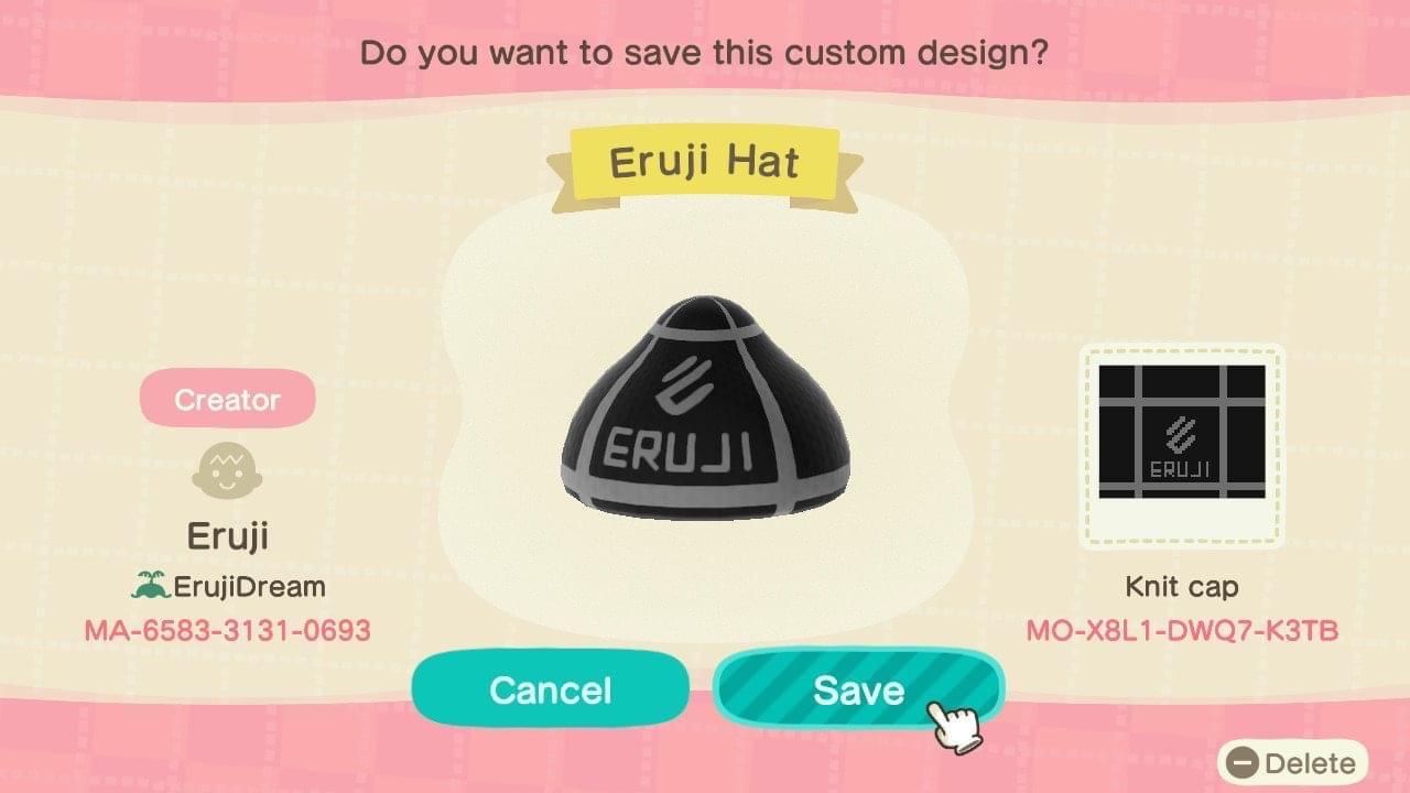 Animal Crossing Design Code: MO-X8L1-DWQ7-K3TB Eruji Hat