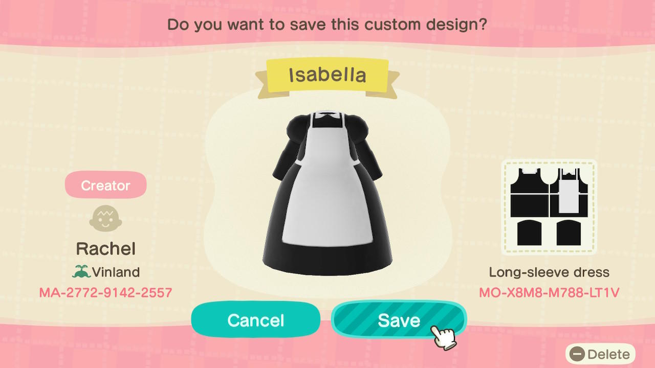 Animal Crossing Design Code: MO-X8M8-M788-LT1V Isabella