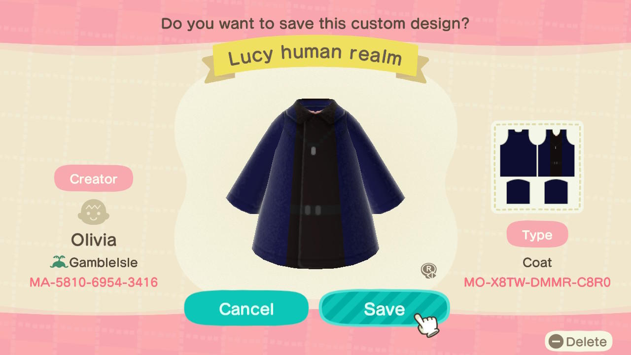 Animal Crossing Design Code: MO-X8TW-DMMR-C8R0 Lucy human realm