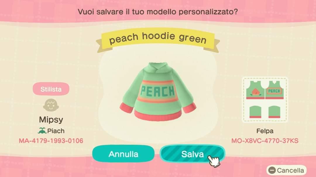 Animal Crossing Design Code: MO-X8VC-4770-37KS Peach hoodie green