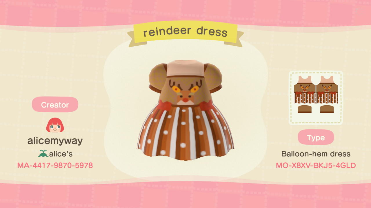 Animal Crossing Design Code: MO-X8XV-BKJ5-4GLD Reindeer dress