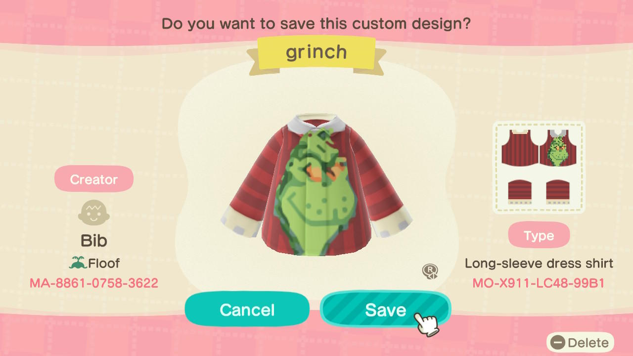 Animal Crossing Design Code: MO-X911-LC48-99B1 Grinch