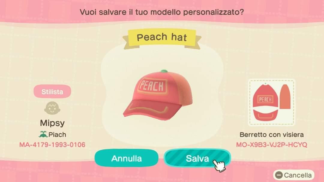 Animal Crossing Design Code: MO-X9B3-VJ2P-HCYQ Peach hat