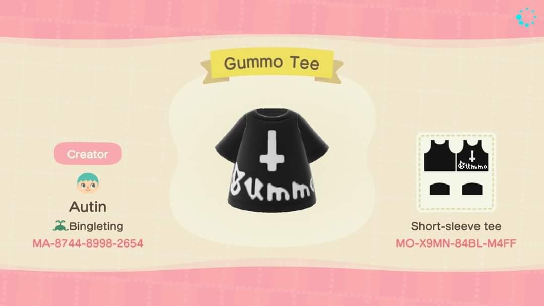 Animal Crossing Design Code: MO-X9MN-84BL-M4FF Gummo Tee