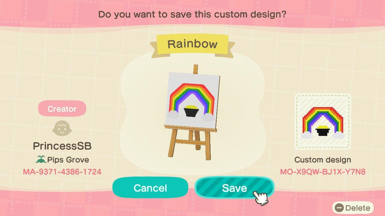 Animal Crossing Design Code: MO-X9QW-BJ1X-Y7N8 Rainbow Pot of Gold