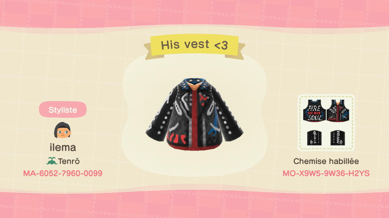 Animal Crossing Design Code: MO-X9W5-9W36-H2YS His vest