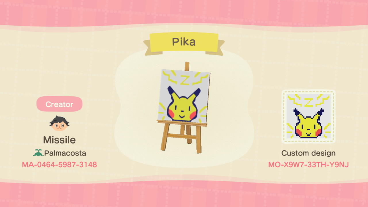 Animal Crossing Design Code: MO-X9W7-33TH-Y9NJ Pika