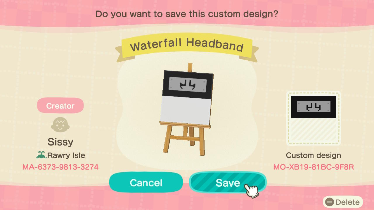 Animal Crossing Design Code: MO-XB19-81BC-9F8R Waterfall Headband