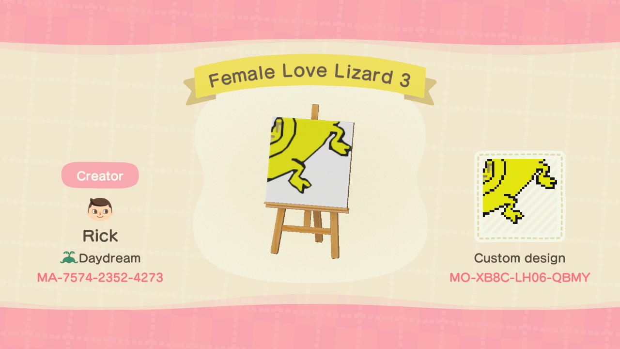 Animal Crossing Design Code: MO-XB8C-LH06-QBMY Female Love Lizard 3