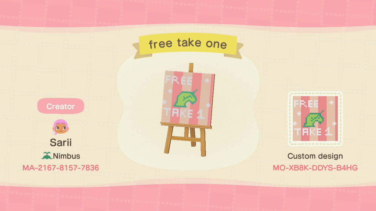 Animal Crossing Design Code: MO-XB8K-DDYS-B4HG free take one