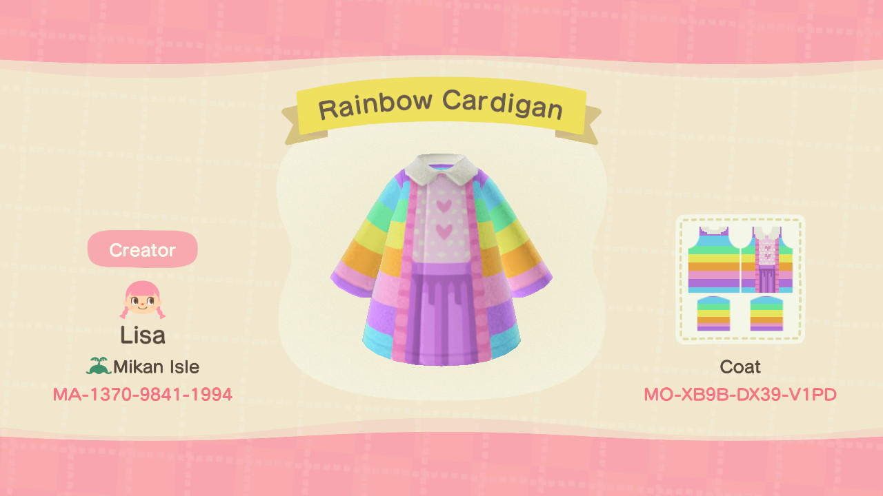 Animal Crossing Design Code: MO-XB9B-DX39-V1PD Rainbow Cardigan