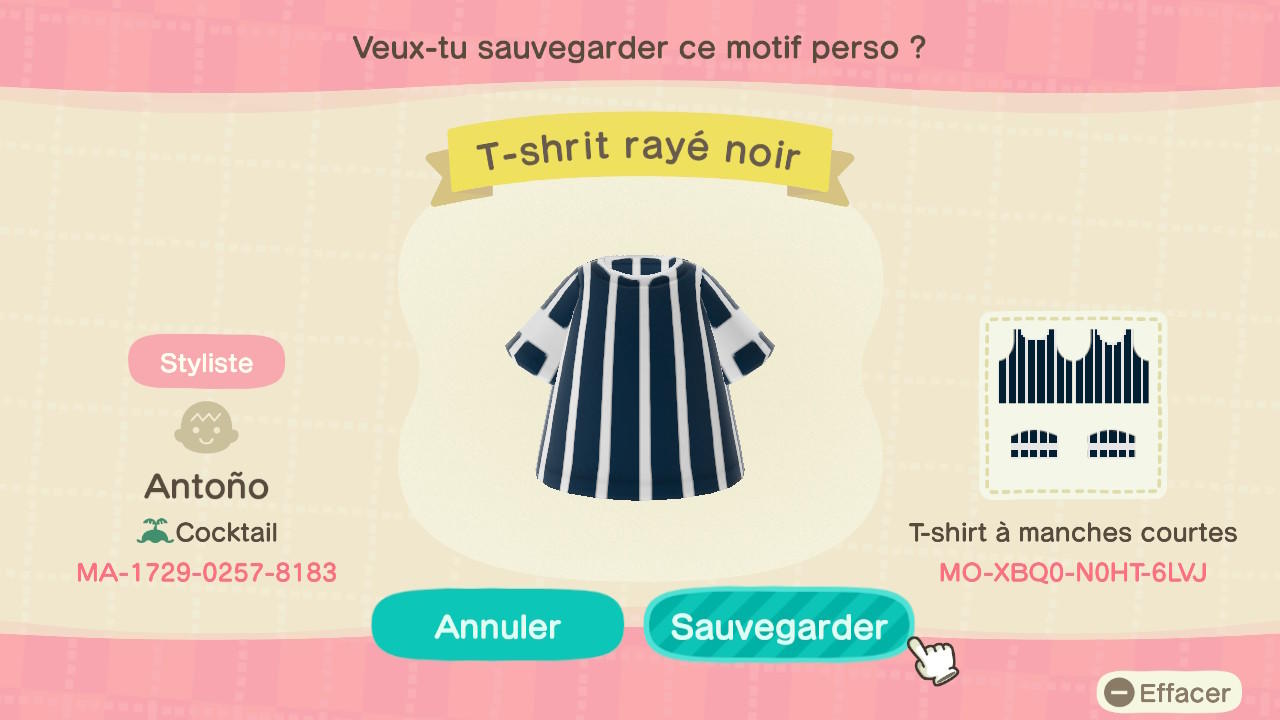 Animal Crossing Design Code: MO-XBQ0-N0HT-6LVJ t-shirt rayé noir