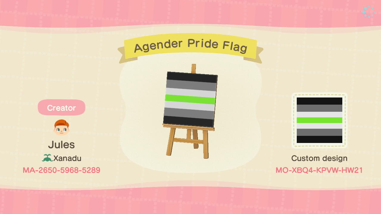 Animal Crossing Design Code: MO-XBQ4-KPVW-HW21 Agender Pride Flag