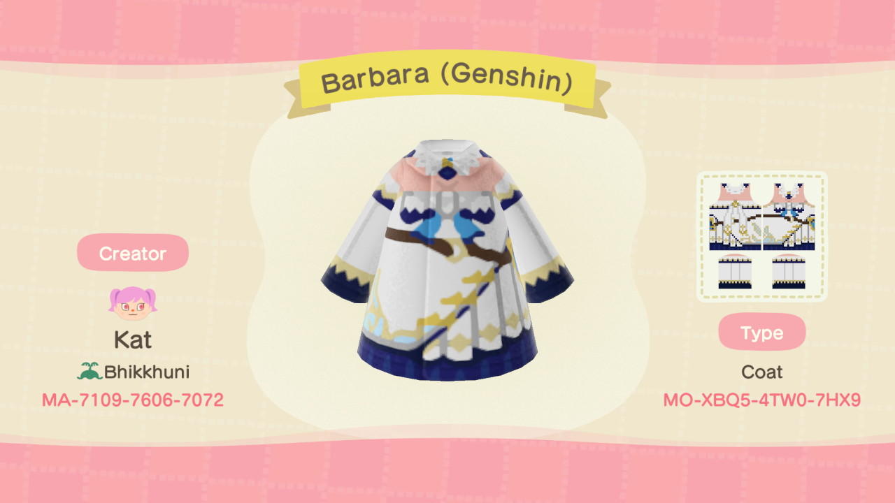 Animal Crossing Design Code: MO-XBQ5-4TW0-7HX9 Barbara (Genshin)