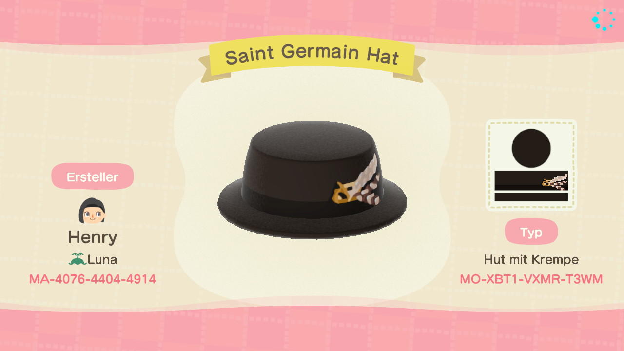 Animal Crossing Design Code: MO-XBT1-VXMR-T3WM Saint Germain Hat