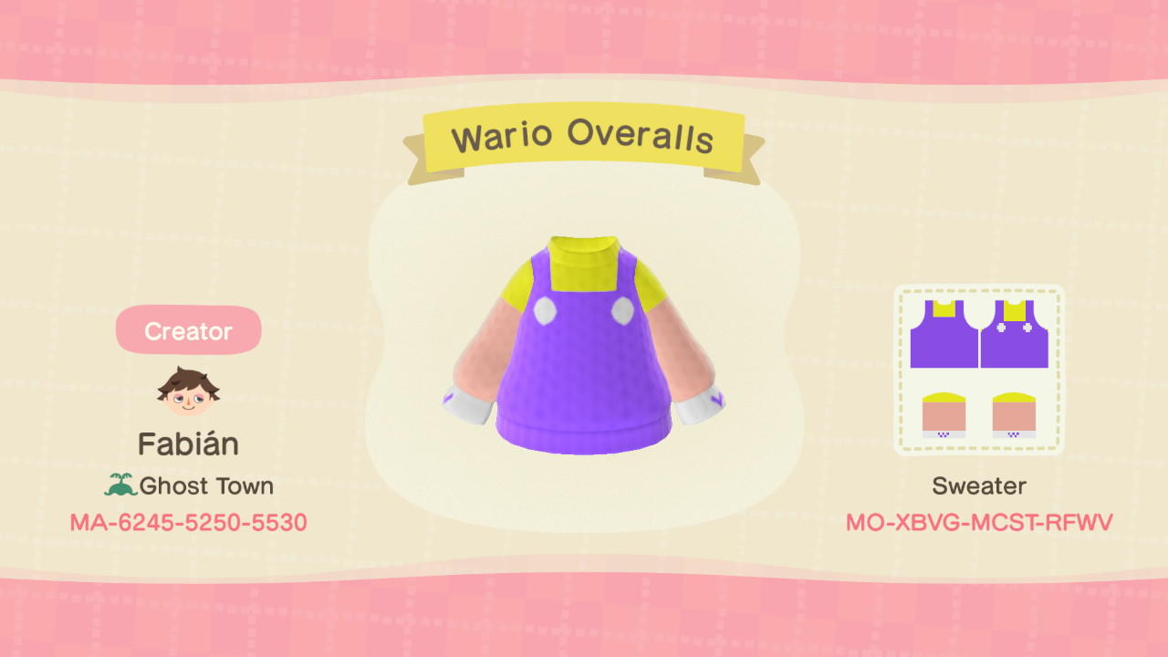 Animal Crossing Design Code: MO-XBVG-MCST-RFWV Wario Overalls