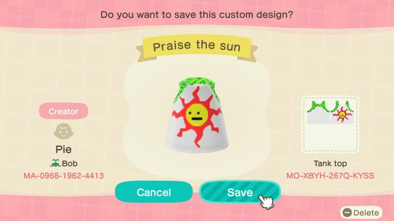 Animal Crossing Design Code: MO-XBYH-267Q-KYSS Praise The Sun!