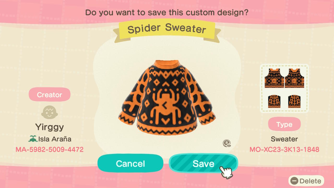 Animal Crossing Design Code: MO-XC23-3K13-1848 Spider Sweater