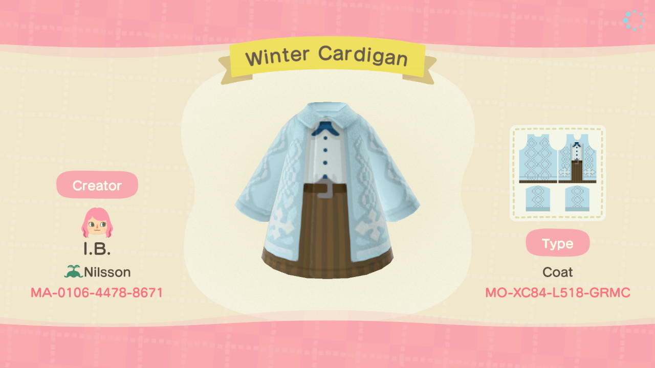 Animal Crossing Design Code: MO-XC84-L518-GRMC Winter Cardigan