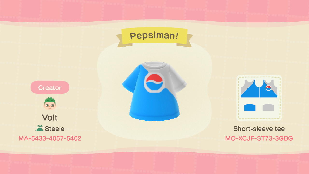 Animal Crossing Design Code: MO-XCJF-ST73-3GBG Pepsiman!