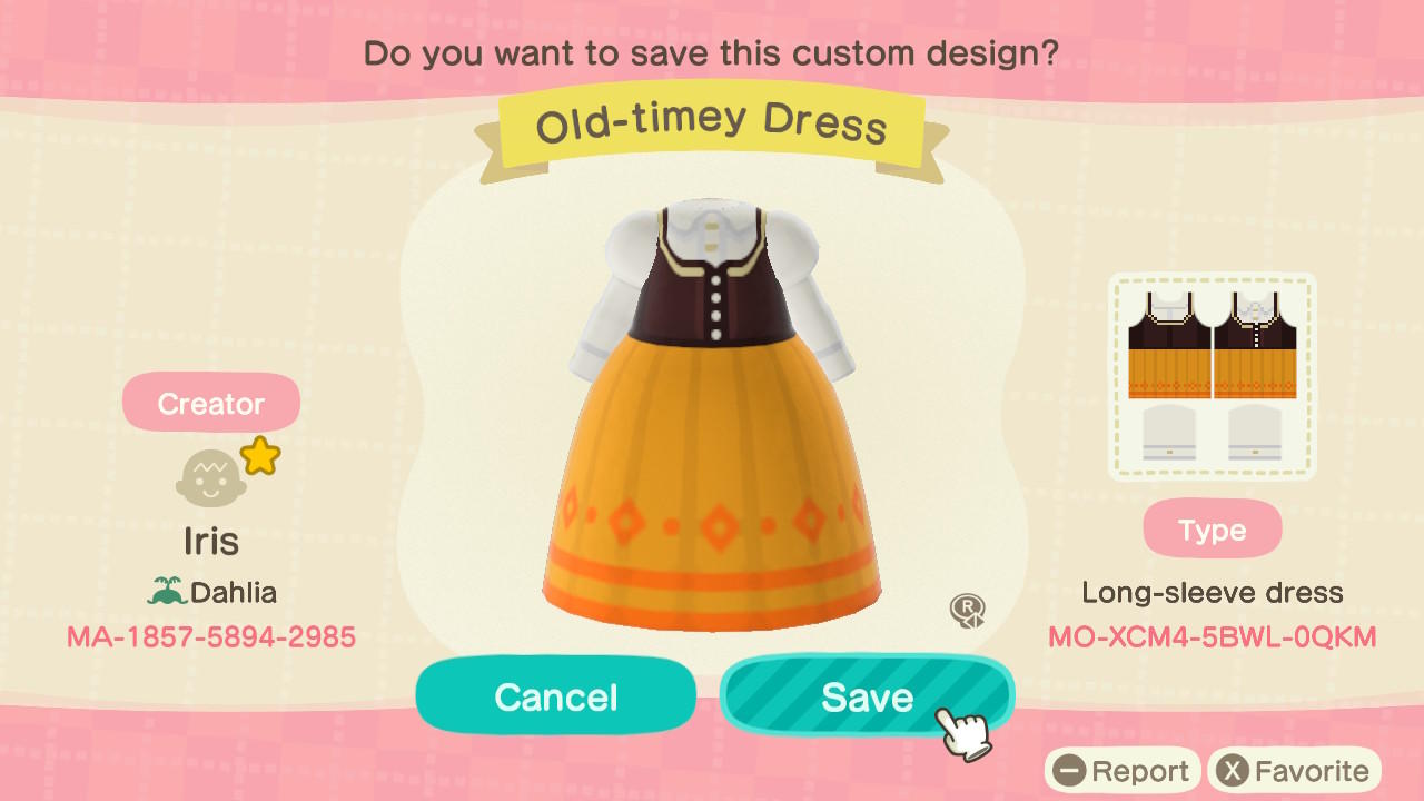 Animal Crossing Design Code: MO-XCM4-5BWL-0QKM Old-Timey Dress