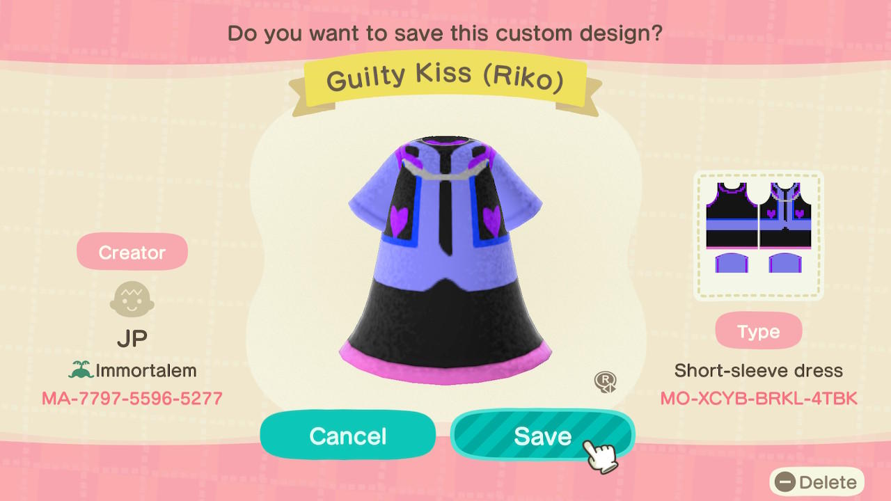 Animal Crossing Design Code: MO-XCYB-BRKL-4TBK Guilty Kiss (Riko)