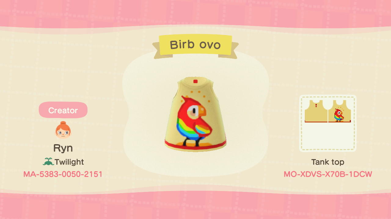 Animal Crossing Design Code: MO-XDVS-X70B-1DCW Birb ovo