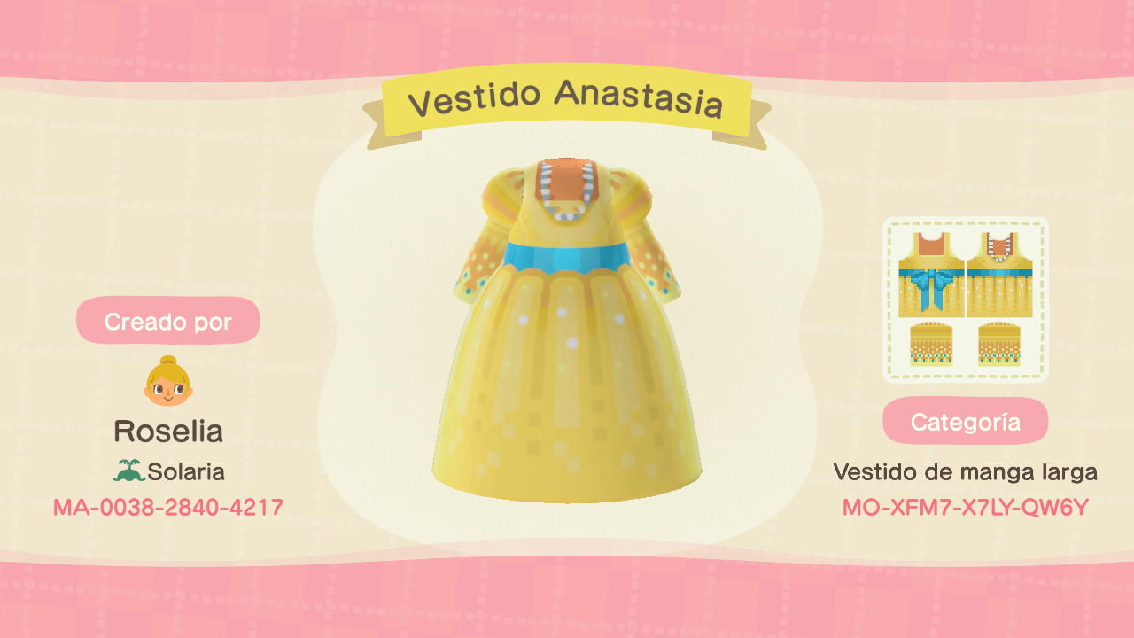 Animal Crossing Design Code: MO-XFM7-X7LY-QW6Y Vestido Anastasia