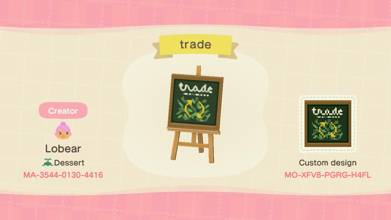 Animal Crossing Design Code: MO-XFV8-PGRG-H4FL trade
