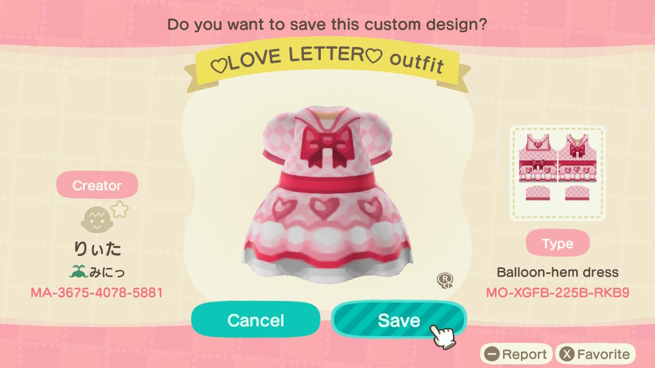 Animal Crossing Design Code: MO-XGFB-225B-RKB9 Love Letter Outfit