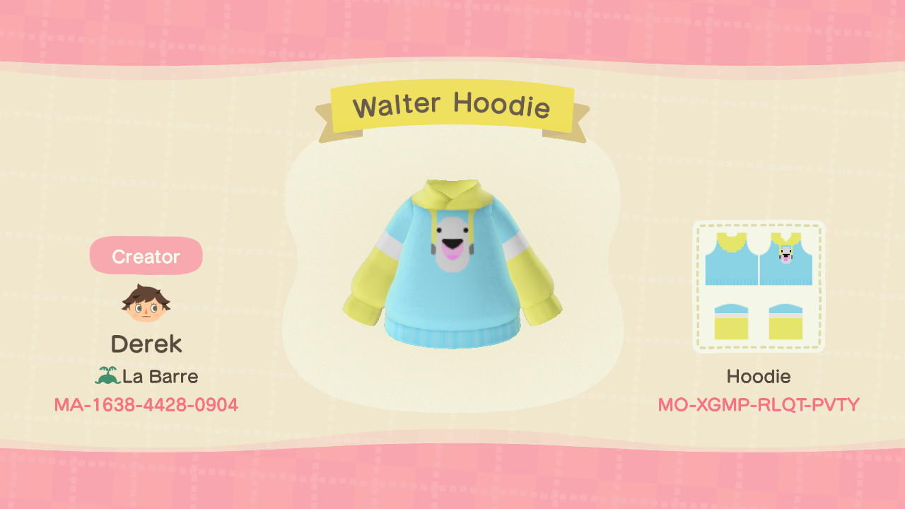 Animal Crossing Design Code: MO-XGMP-RLQT-PVTY Walter Hoodie