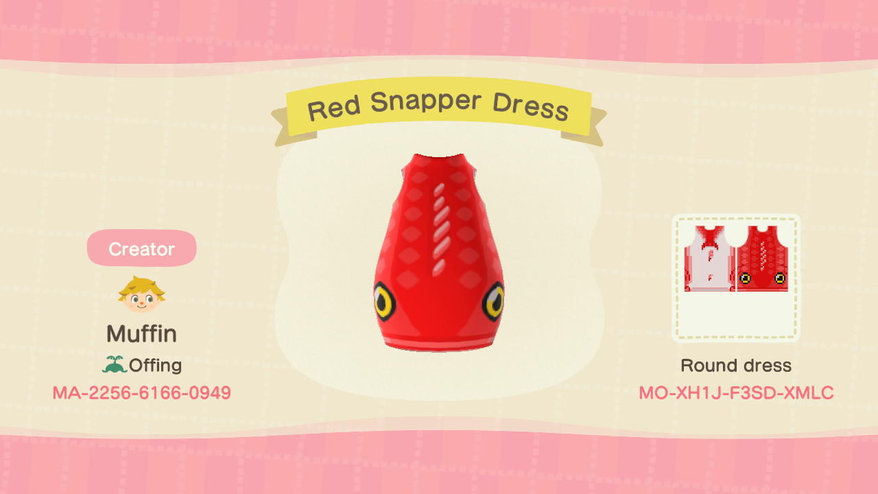 Animal Crossing Design Code: MO-XH1J-F3SD-XMLC Red Snapper Dress