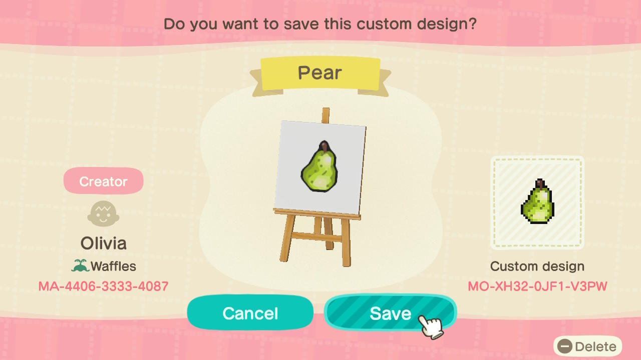 Animal Crossing Design Code: MO-XH32-0JF1-V3PW Pear