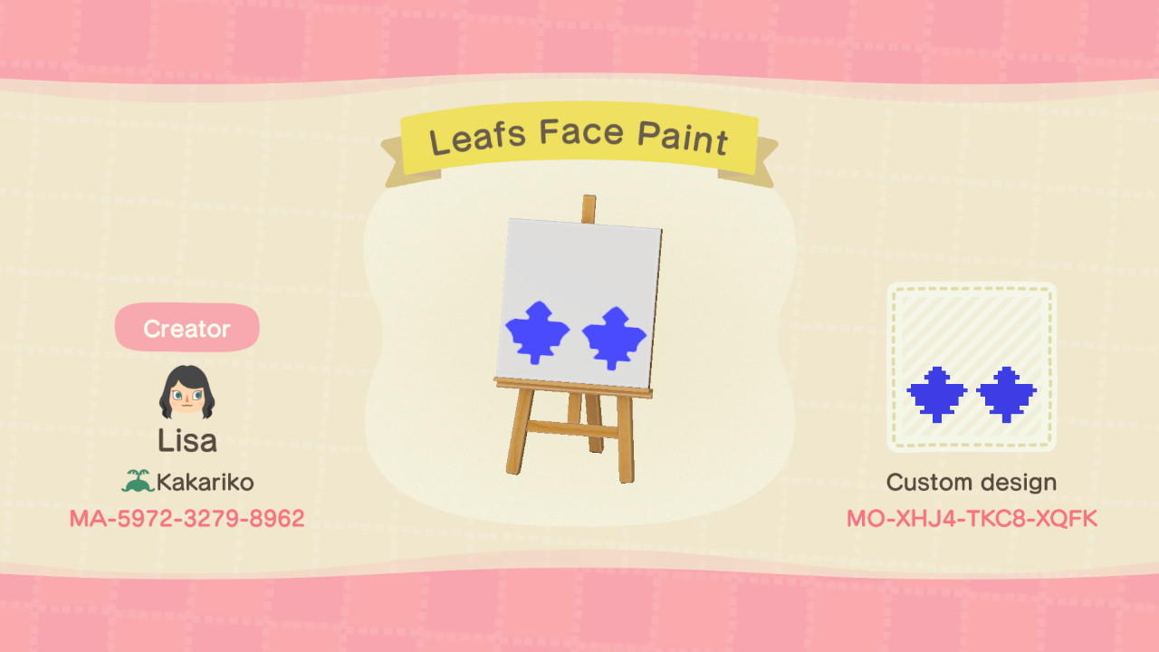 Animal Crossing Design Code: MO-XHJ4-TKC8-XQFK Leafs Face Paint