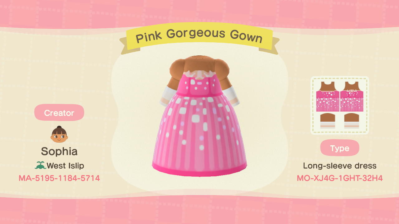 Animal Crossing Design Code: MO-XJ4G-1GHT-32H4 Pink Gorgeous Gown