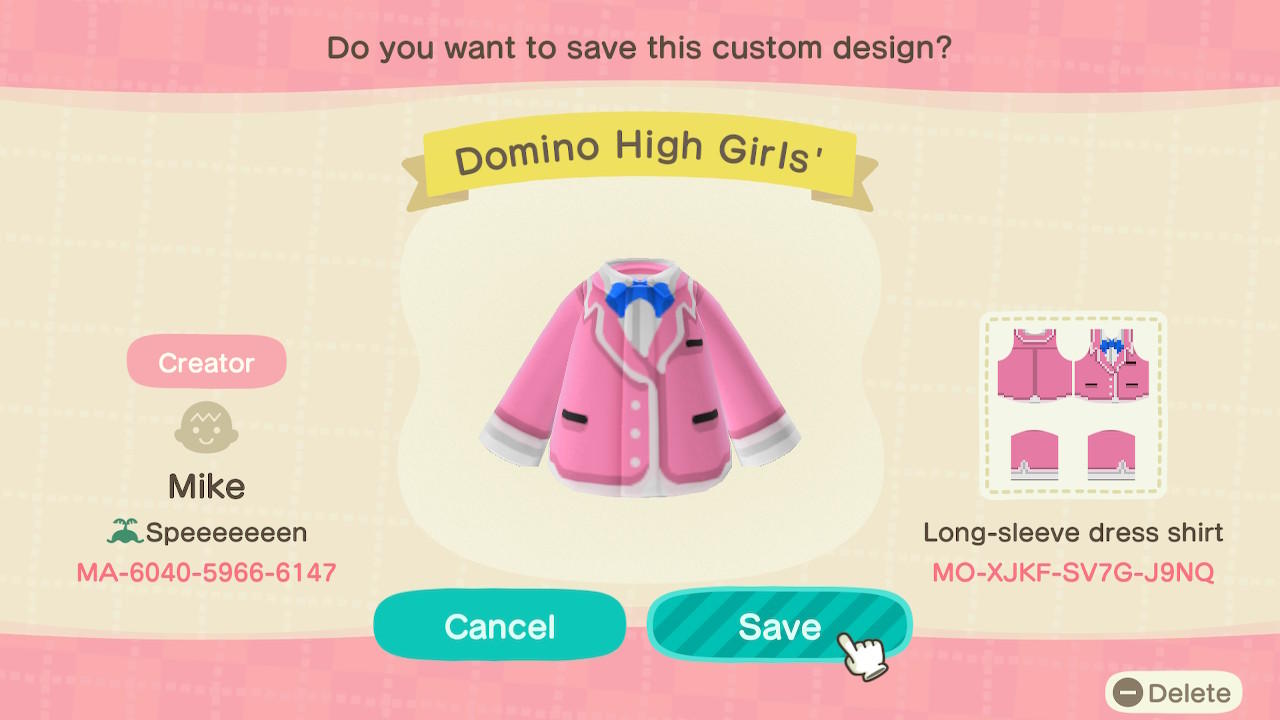 Animal Crossing Design Code: MO-XJKF-SV7G-J9NQ Domino High Girls'
