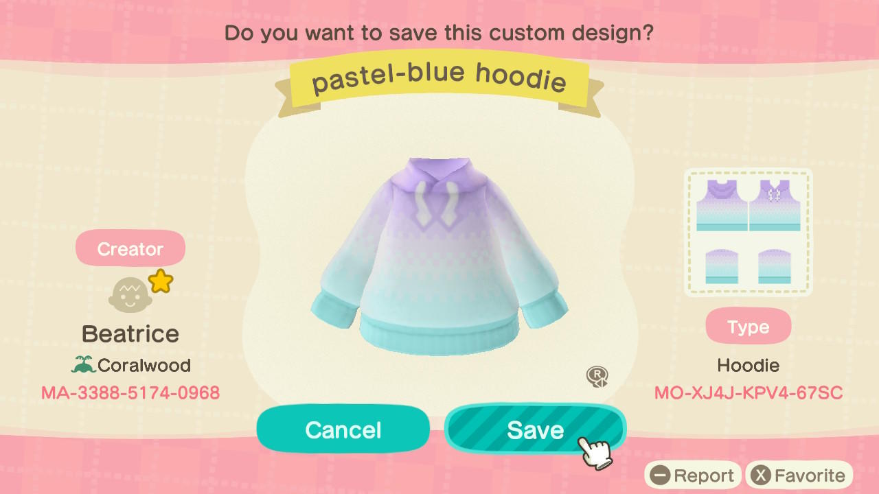 Animal Crossing Design Code: MO-XJRJ-KPV4-67SC pastel-blue hoodie