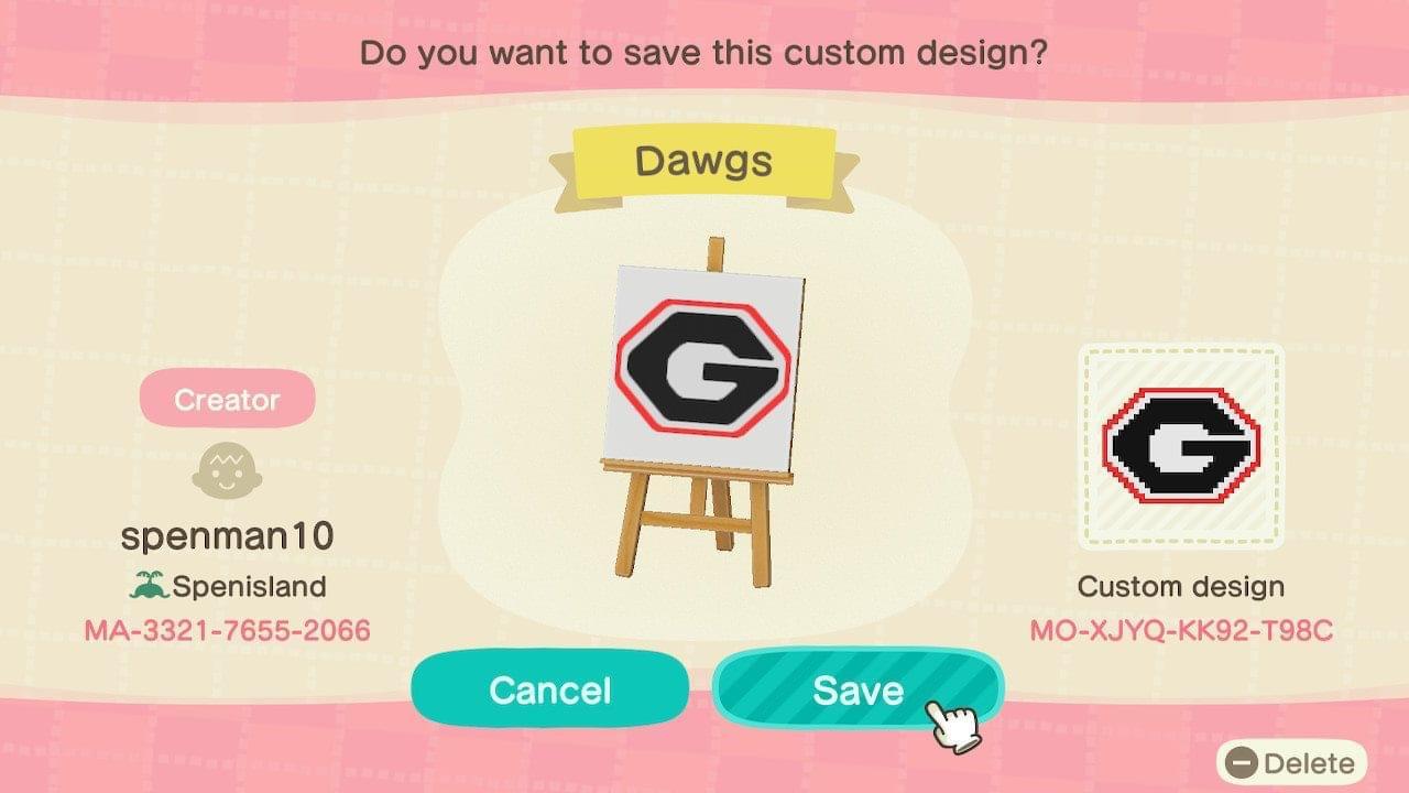 Animal Crossing Design Code: MO-XJYQ-KK92-T98C UGA Georgia Bulldogs