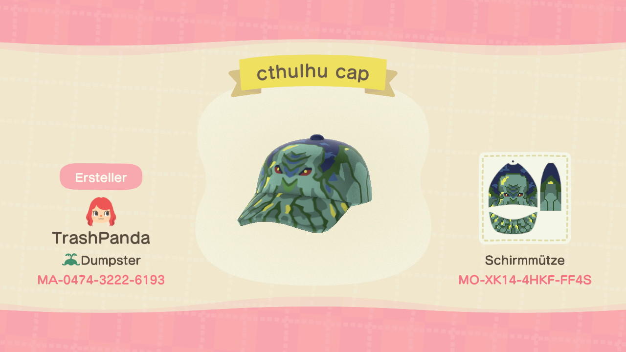 Animal Crossing Design Code: MO-XK14-4HKF-FF4S Cthulhu Cap