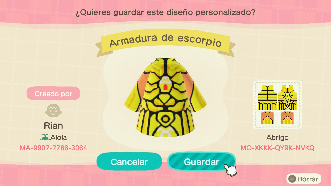 Animal Crossing Design Code: MO-XKKK-QY9K-NVKQ Armadura de escorpio