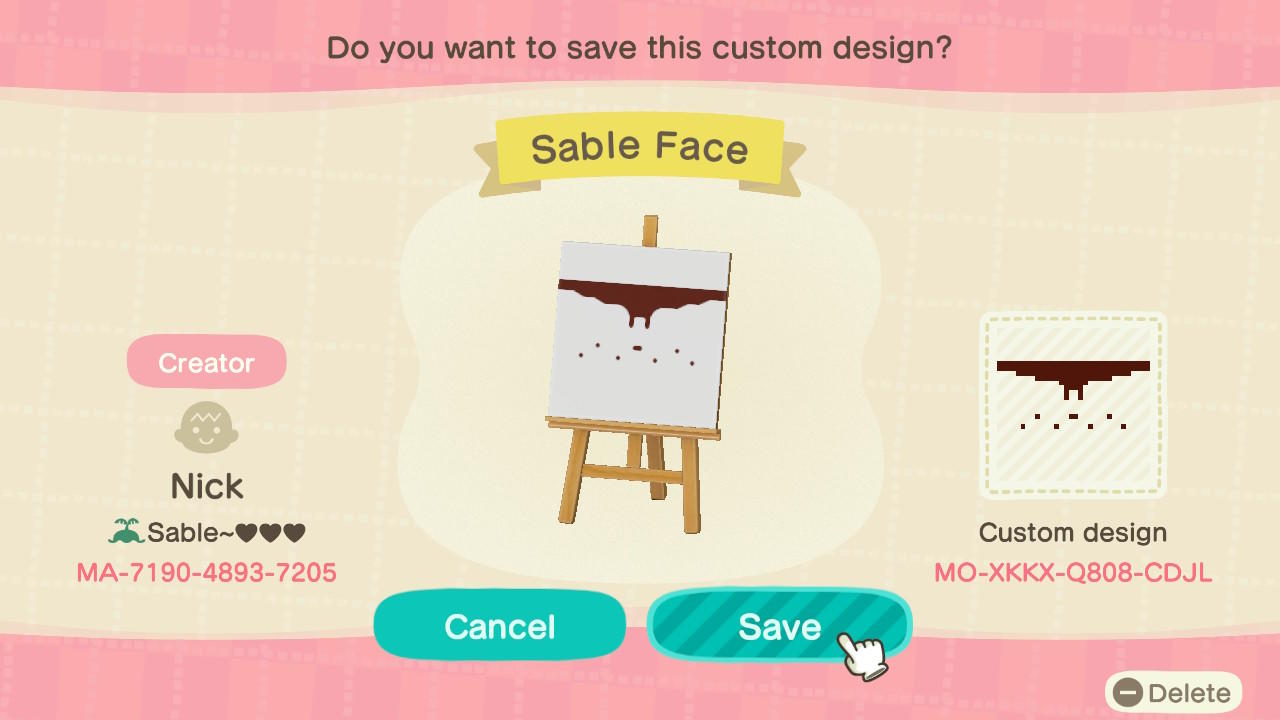 Animal Crossing Design Code: MO-XKKX-Q808-CDJL Sable Face