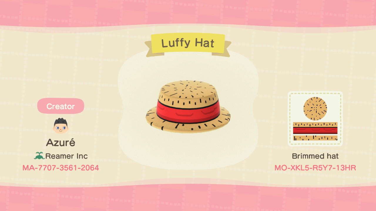 Animal Crossing Design Code: MO-XKL5-R5Y7-13HR Luffy Hat