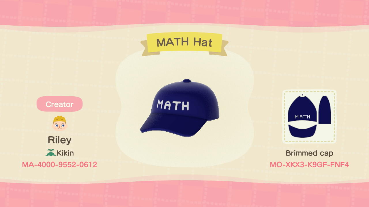 Animal Crossing Design Code: MO-XKX3-K9GF-FNF4 MATH Hat Yang2020