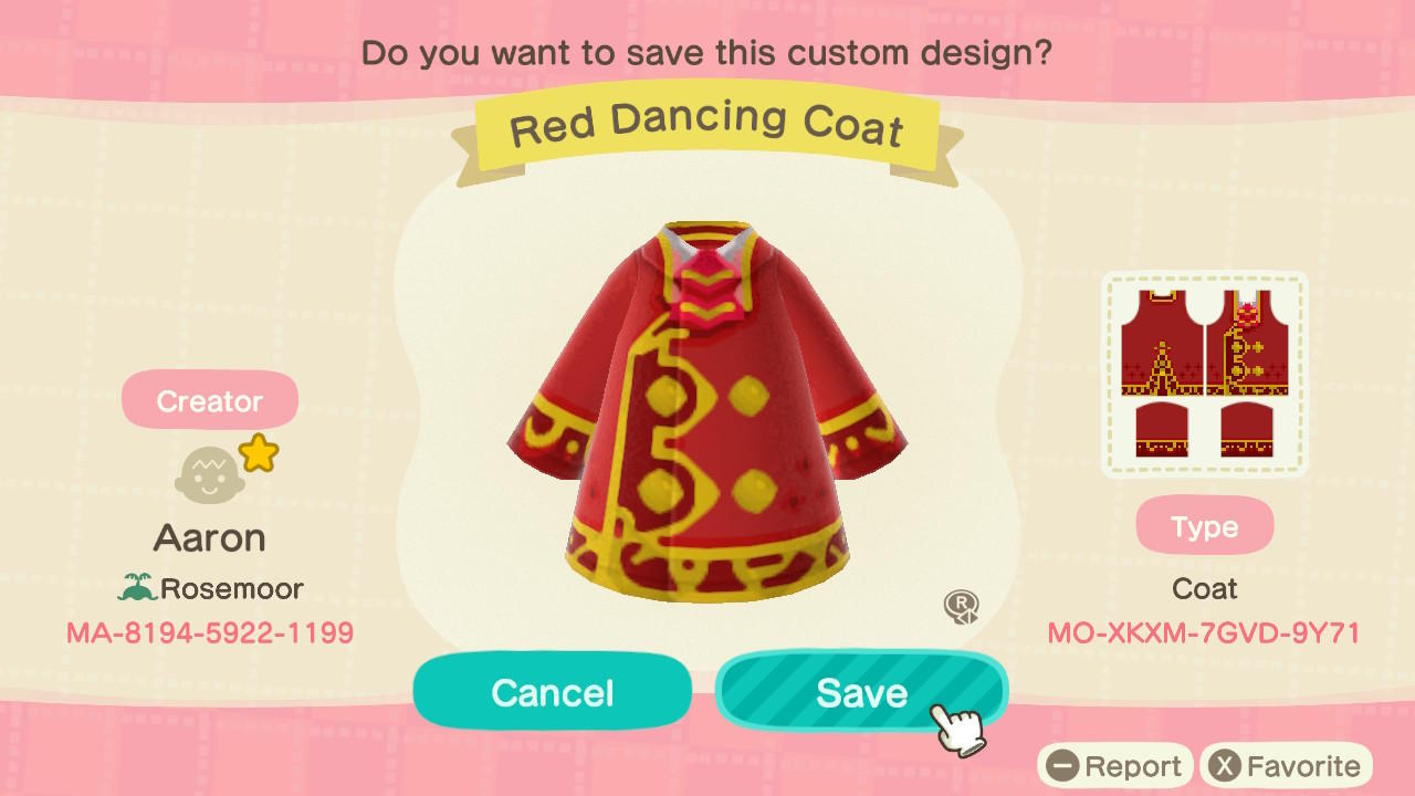 Animal Crossing Design Code: MO-XKXM-7GVD-9Y71 Red Dancing Coat