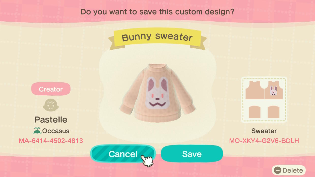 Animal Crossing Design Code: MO-XKY4-G2V6-BDLH Bunny sweater
